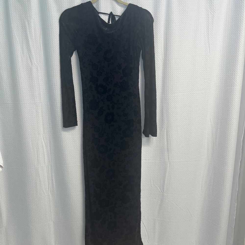 See You Monday Black Floral Burnout Velvet Mesh Open Back Maxi Dress Large Y2K
